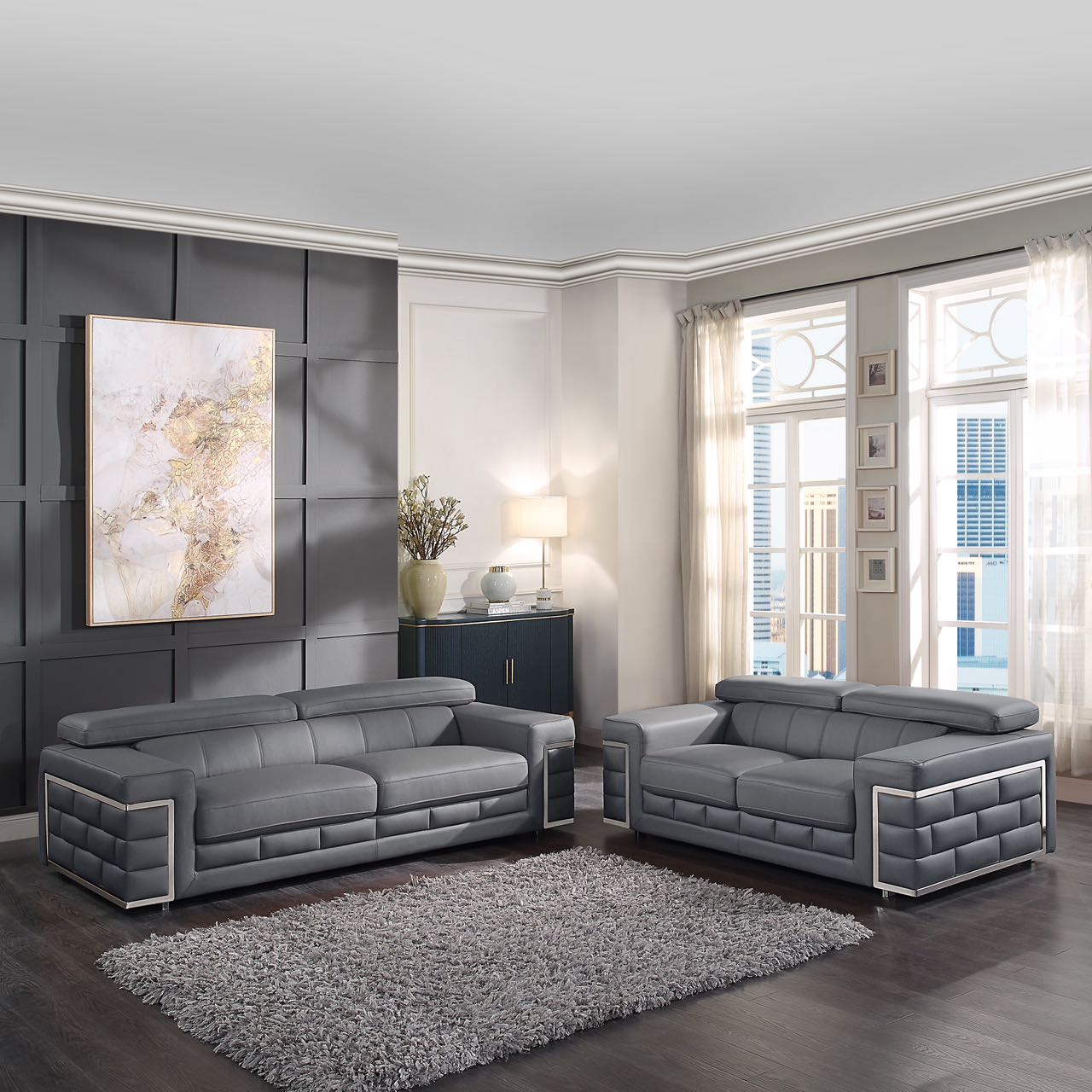 8046 Genuine Leather Sofa with Adjustable Headrest