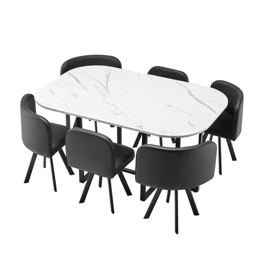 800 Modern 7-Piece Dining Table Set with White Marble Top and Leatherette/Fabric Chairs