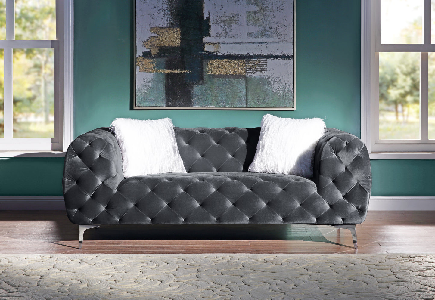 8037 Modern Velvet Loveseat/ Sofa with Wood Frame and Metal Legs