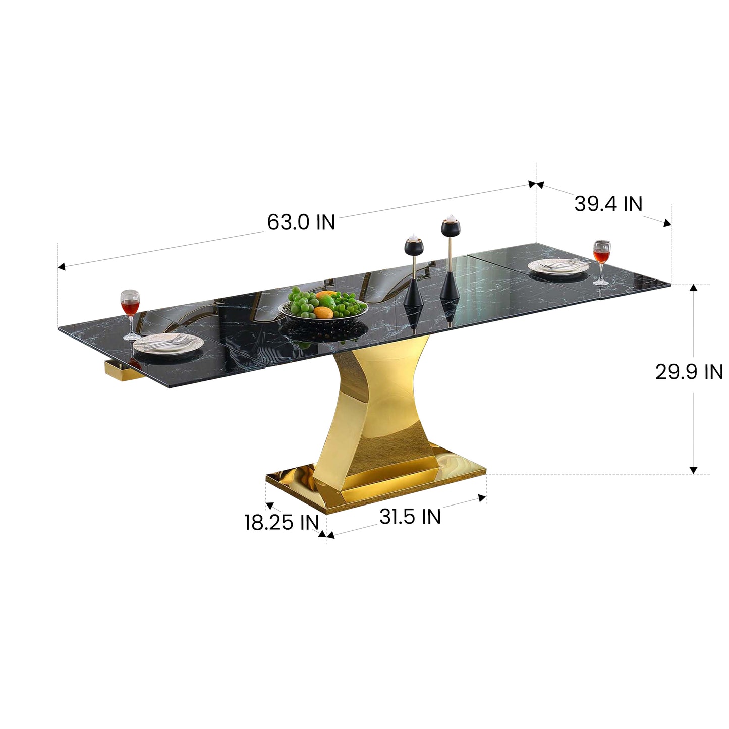 RDT206 Extendable Dining Table with 12mm Tempered Glass Top, Stainless Steel Base