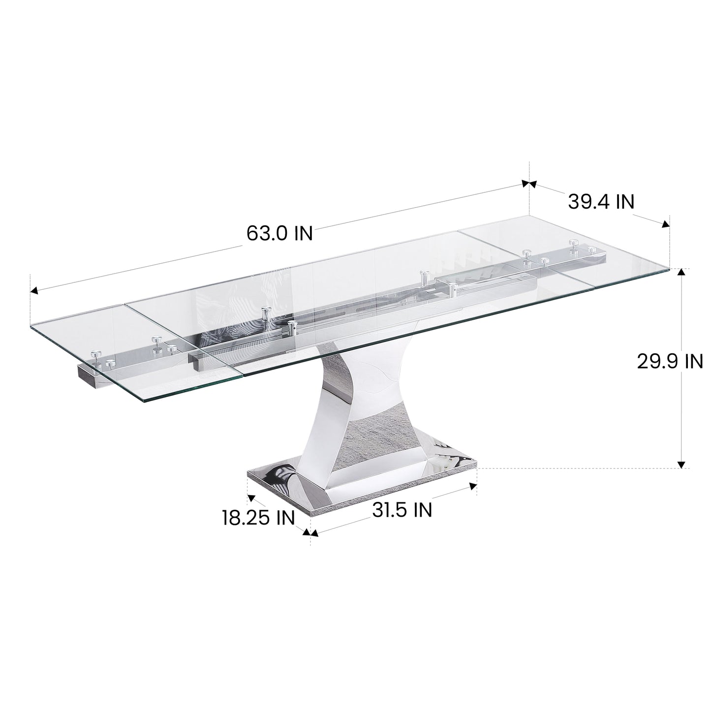 RDT206 Extendable Dining Table with 12mm Tempered Glass Top, Stainless Steel Base