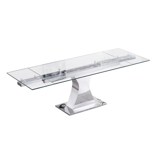 RDT206 Extendable Dining Table with 12mm Tempered Glass Top, Stainless Steel Base