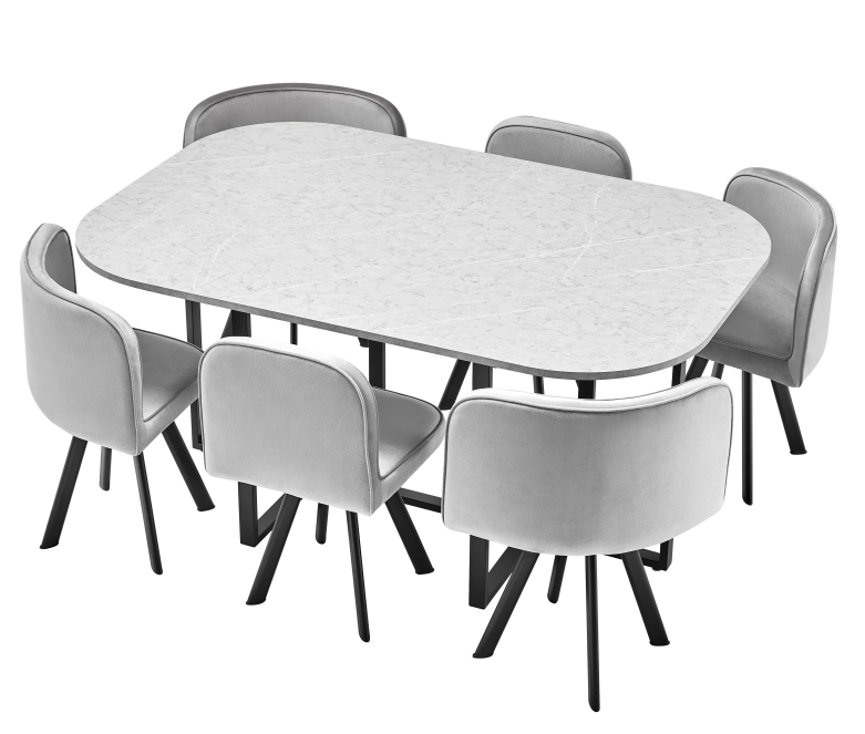 800 Modern 7-Piece Dining Table Set with White Marble Top and Leatherette/Fabric Chairs