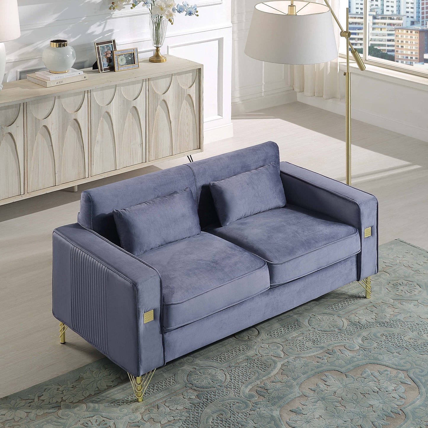 8043 Velvet Loveseat/Sofa with Gold Metal Legs