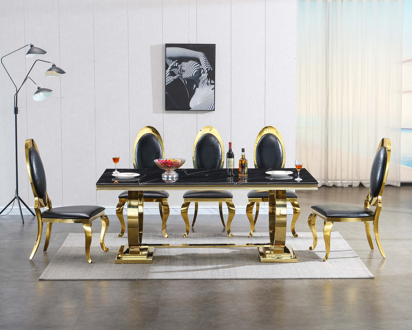 RDT316 Solid Marble Dining Table with Gold/Silver Metal Base