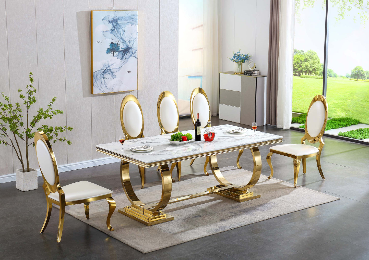 RDT316 Solid Marble Dining Table with Gold/Silver Metal Base