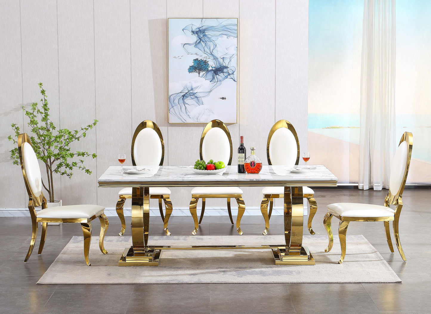 RDT316 Solid Marble Dining Table with Gold/Silver Metal Base