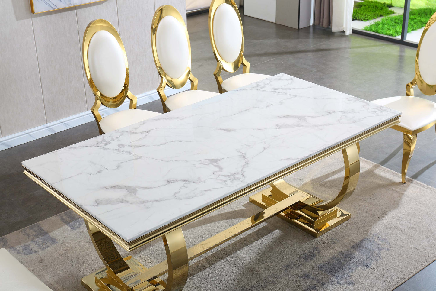 RDT316 Solid Marble Dining Table with Gold/Silver Metal Base