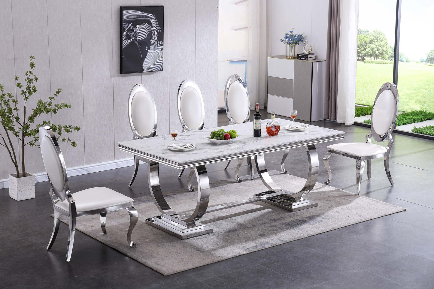 RDT316 Solid Marble Dining Table with Gold/Silver Metal Base