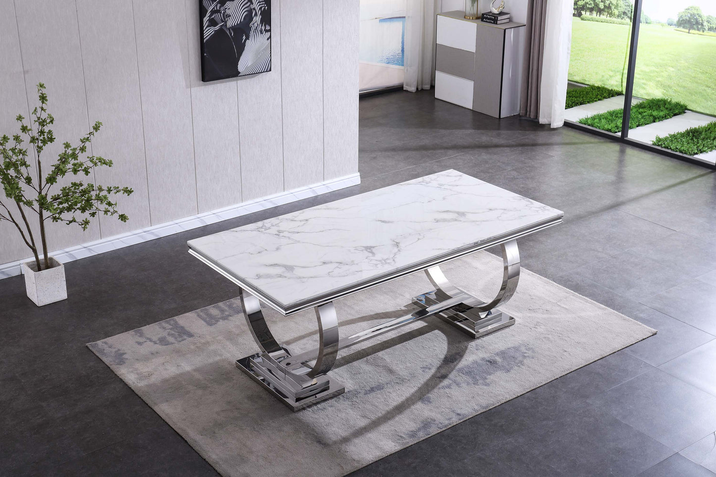RDT316 Solid Marble Dining Table with Gold/Silver Metal Base