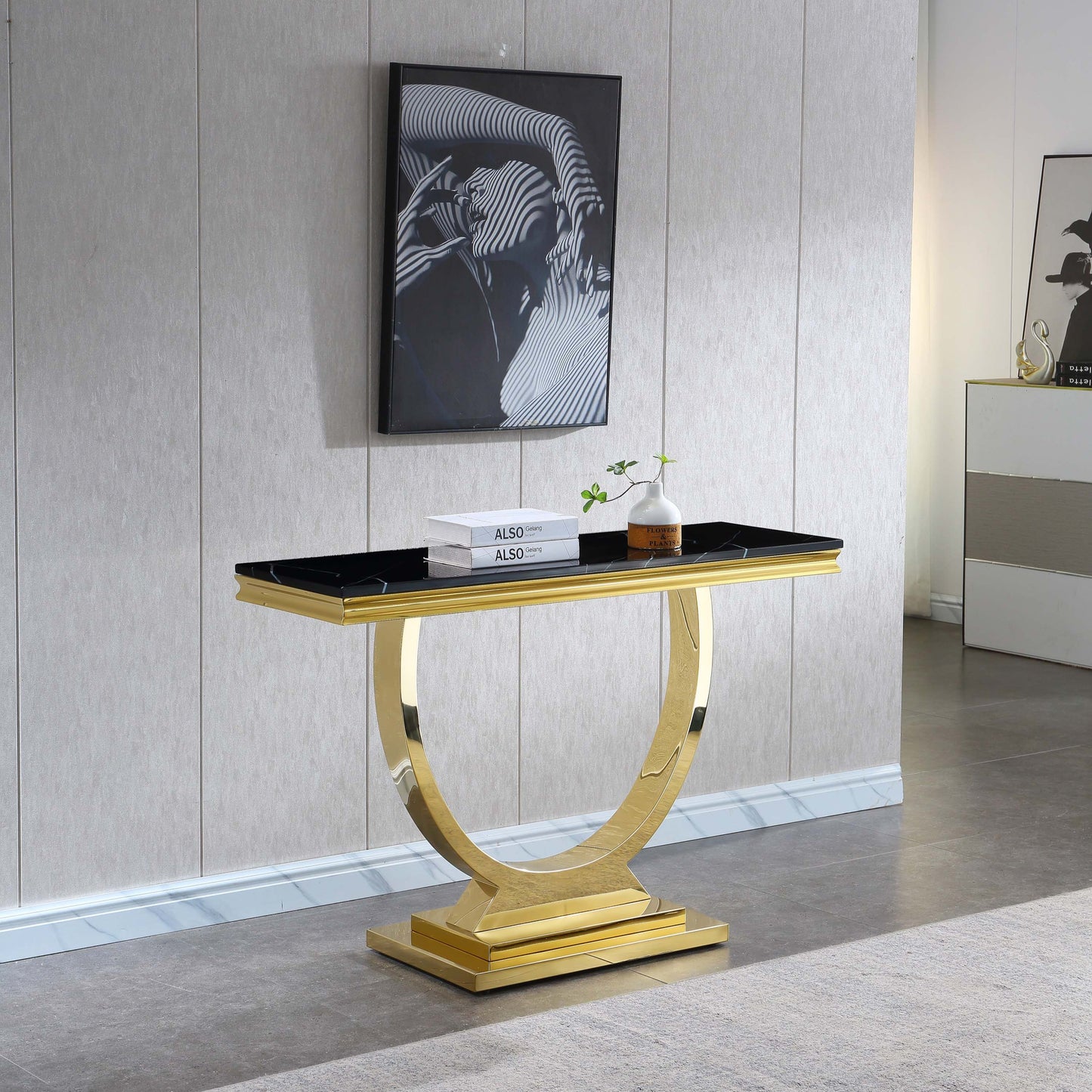 ST316 Black Marble Console Table with Gold Finish